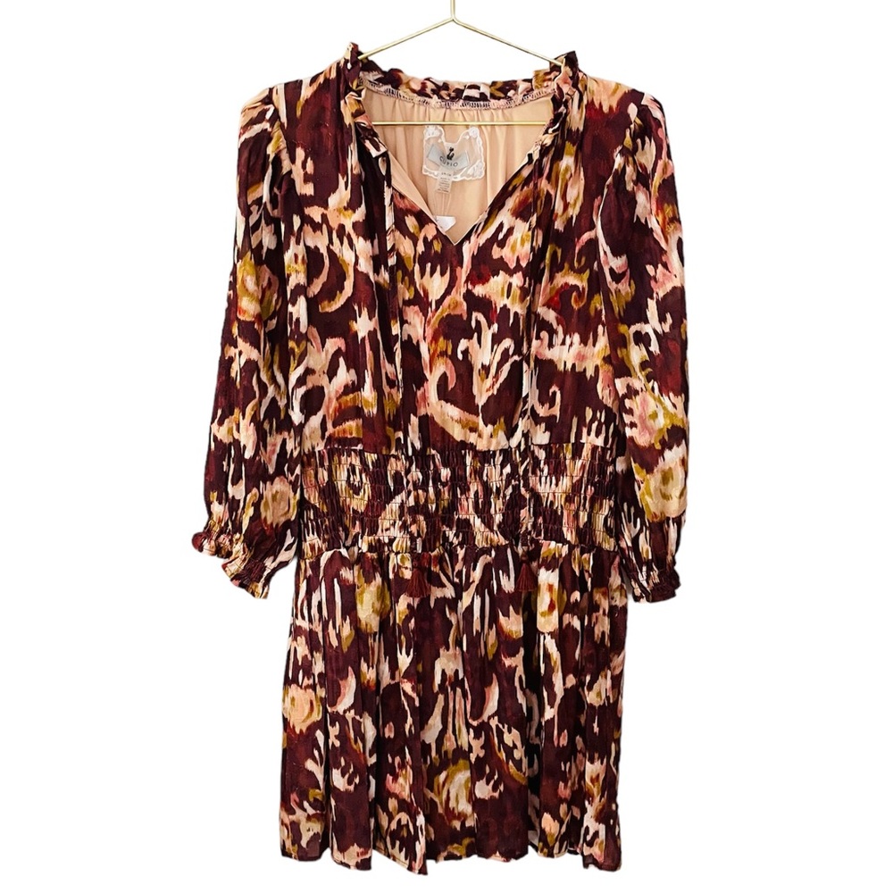 NWT Cupid Long Sleeve with Elastic Waist Printed Fabric Dress with Tassel Detail